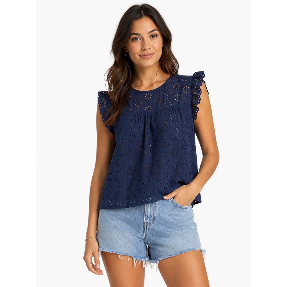 Isa &‎ Ella Eyelet Top Womens Size S Navy Blue Ruffle Sleeve Boho Blouse